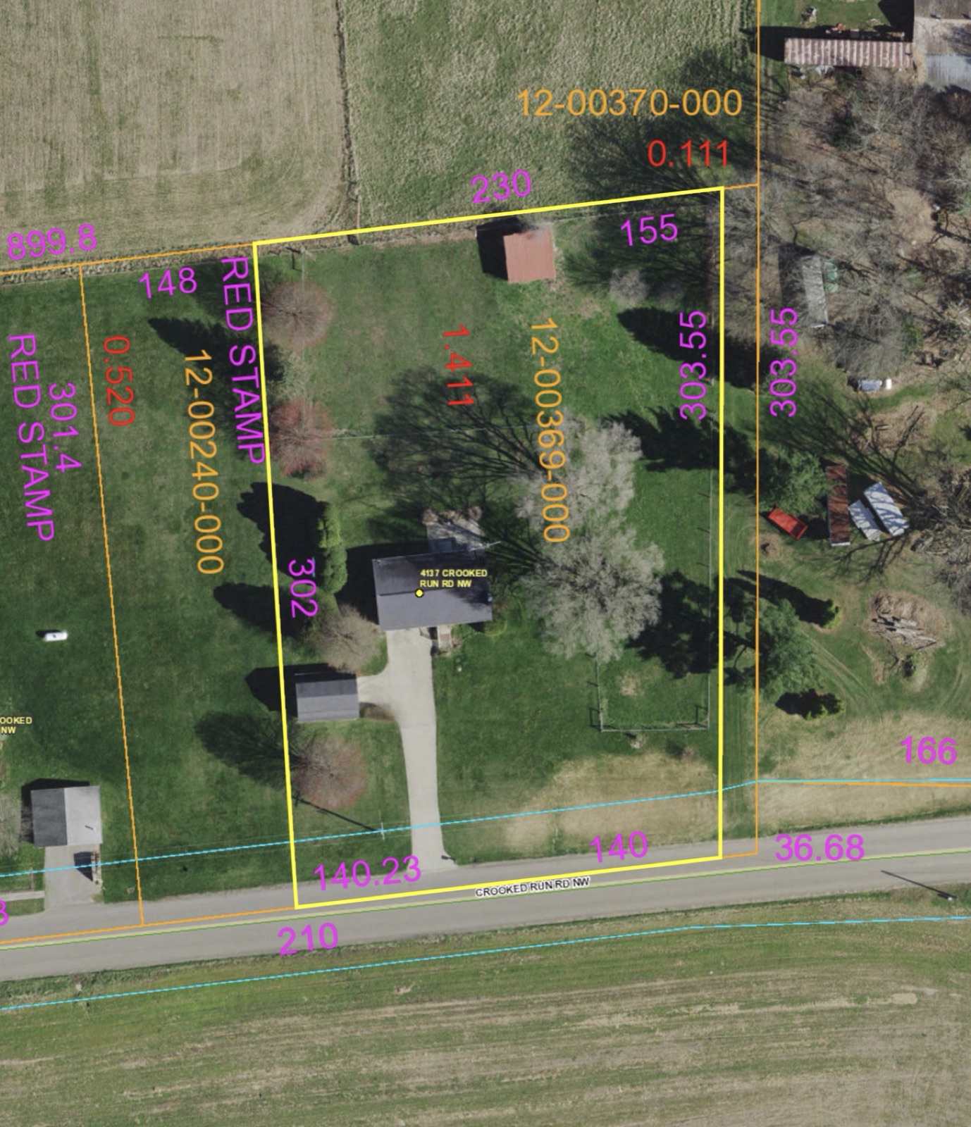 Aerial parcel map showing the 1.4-acre lot boundary for 4137 Crooked Run Road NW